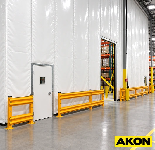 Large insulated curtains installed in a warehouse to contain humidity and separate climate-controlled zones.