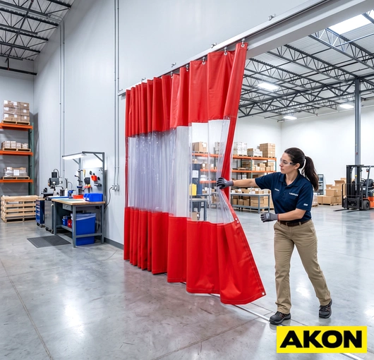 Industrial divider curtains installed inside a large facility to separate work zones along a warehouse floor.