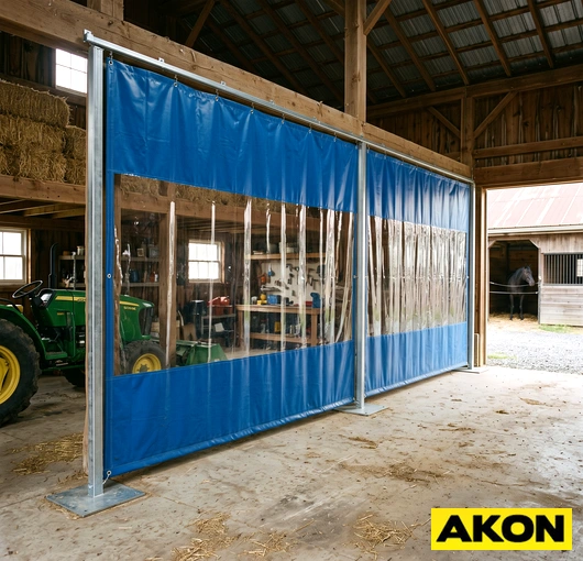 Heavy-duty fabric divider curtains installed inside a barn to separate livestock or storage areas.