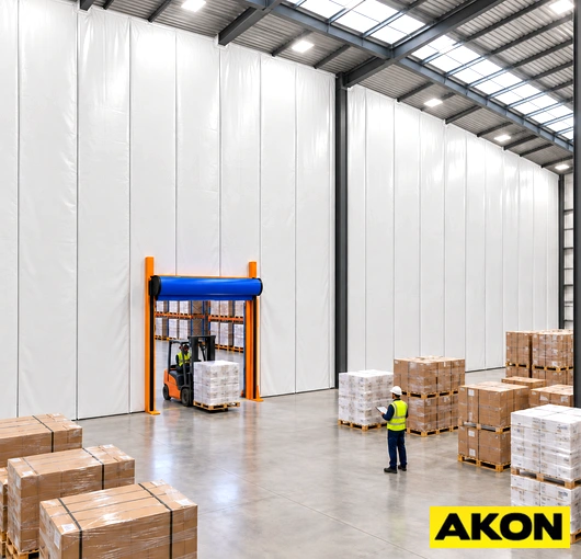 Insulated thermal curtain installed in a warehouse to separate temperature-controlled zones from ambient areas.