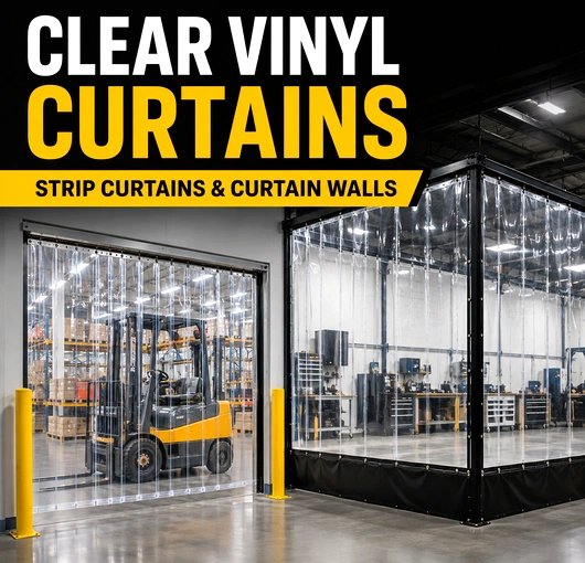 Clear industrial vinyl curtains hanging in a warehouse doorway to divide work areas while maintaining visibility.