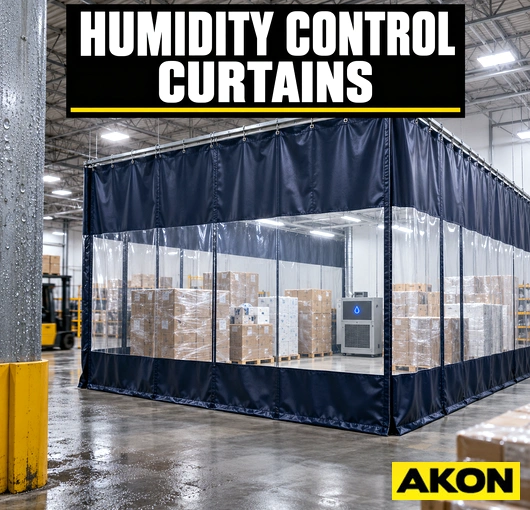 Industrial humidity control curtains installed in a facility to separate moisture-sensitive areas from the rest of the workspace.