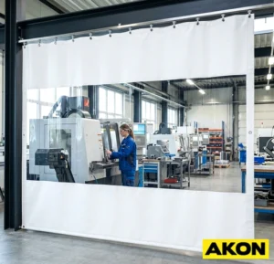 An industrial curtain wall installed inside a large facility to divide workspace areas and control environmental conditions.