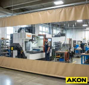 An industrial curtain wall dividing a large warehouse or factory floor into separate work zones.