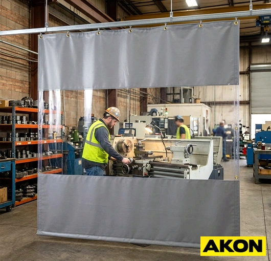 An industrial curtain wall dividing a large warehouse or factory floor into separate work zones.