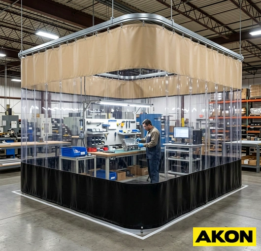 Industrial curtain wall enclosure dividing a large warehouse or factory floor into separate work areas.
