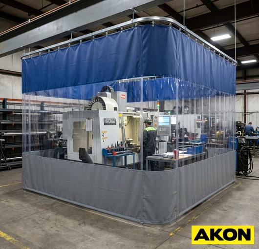 Industrial curtain wall enclosure dividing a large warehouse or factory floor into separate work areas.