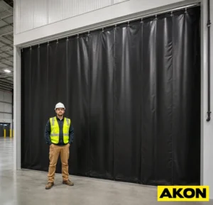 Heavy duty blackout curtains installed in an industrial facility to block light and divide workspace areas.