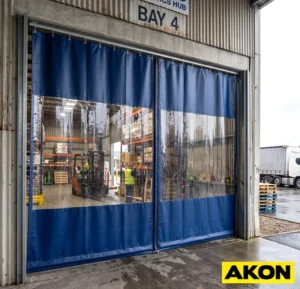 Outdoor industrial curtains installed on an exterior building opening to block wind, dust, and weather.
