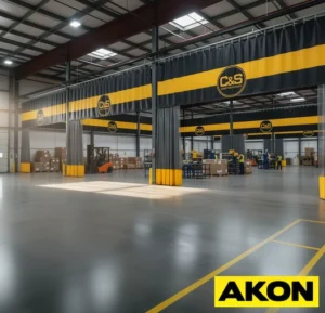 Warehouse divider curtains installed along the full length of a warehouse to create a separate enclosed zone