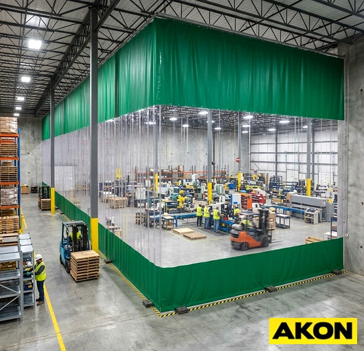 A heavy duty commercial draft curtain used to block cold air and drafts in an industrial or warehouse setting.