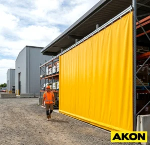 Commercial pallet rack curtains installed on warehouse shelving to divide and enclose storage sections.