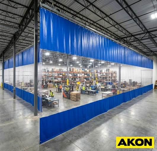 Industrial draft curtains installed in a warehouse to block airflow and separate temperature zones.