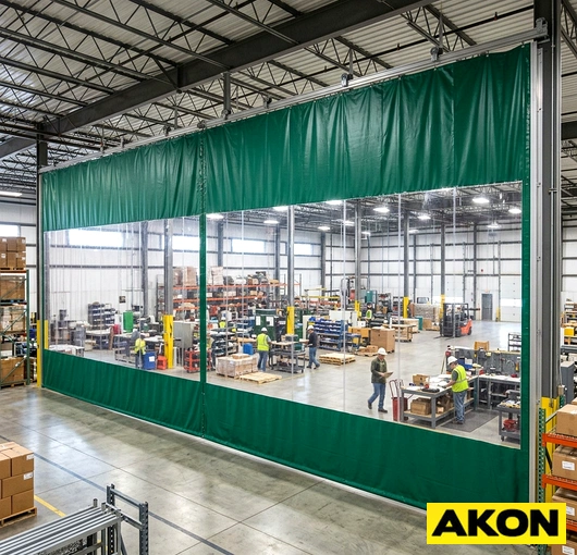 A durable industrial draft curtain installed in a large warehouse or manufacturing facility to block drafts and separate work areas.