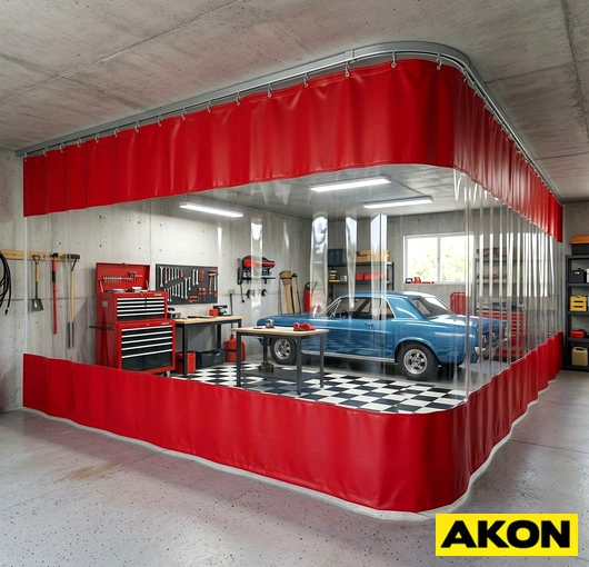 Heavy-duty curtains enclosing a garage workspace to separate work areas and contain dust or temperature.