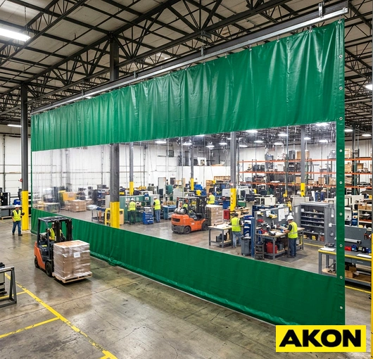 Heavy duty draft protection curtains hanging in an industrial doorway to block cold air and wind infiltration.
