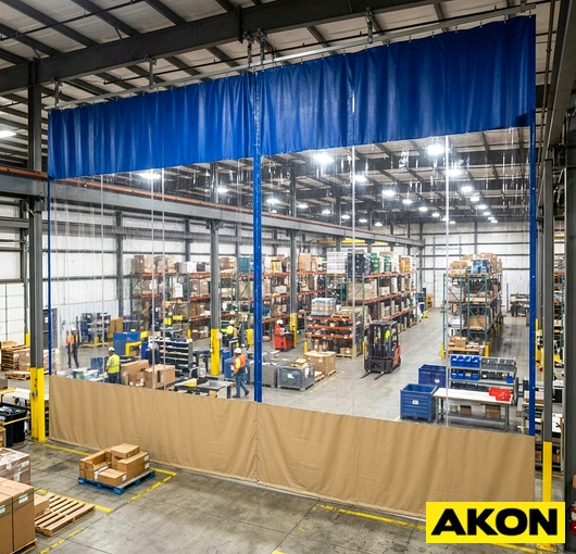 Industrial weatherproof draft curtains installed at a large facility opening to block wind, drafts, and outdoor elements.