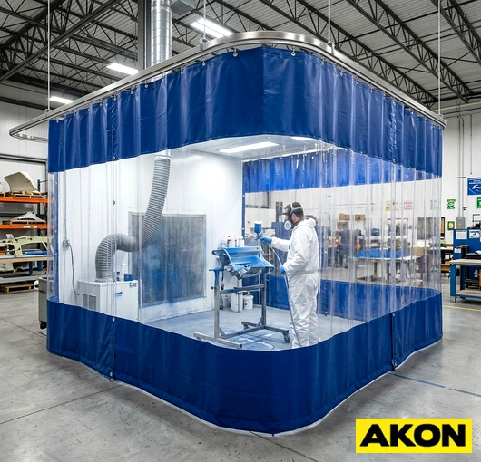Industrial paint booth curtains creating an enclosed spray painting area in a commercial facility.