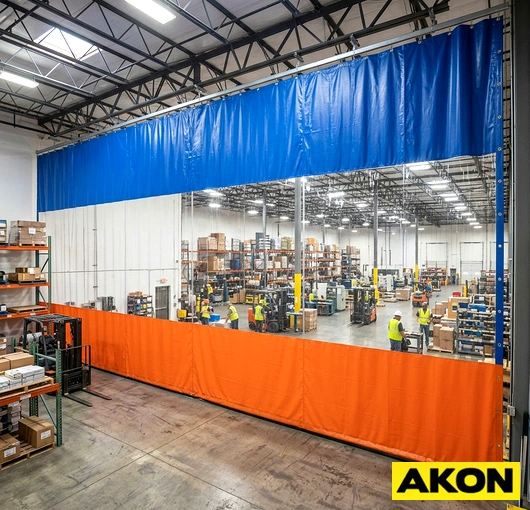 Reusable draft curtains installed in a warehouse to block cold air and separate temperature zones.