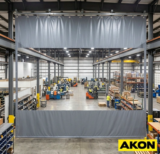 Thermal curtains installed in a warehouse doorway to block drafts and retain heat in the work area.