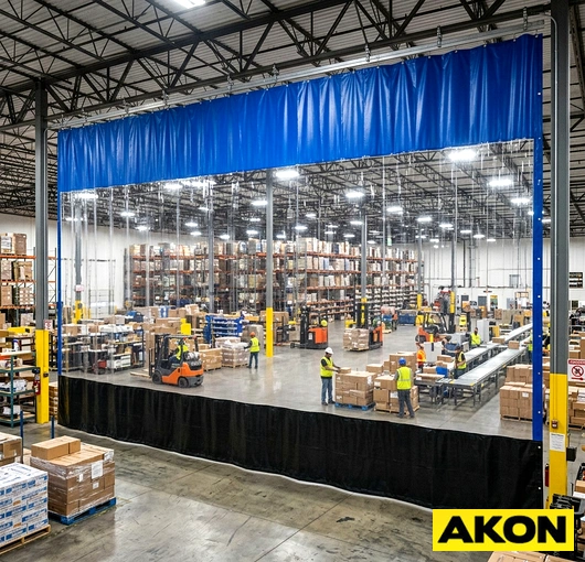 A weatherproof draft curtain installed at a warehouse opening to block wind, moisture, and cold air.