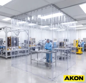Antistatic ESD curtains installed in an industrial facility to control static discharge in a sensitive work area.