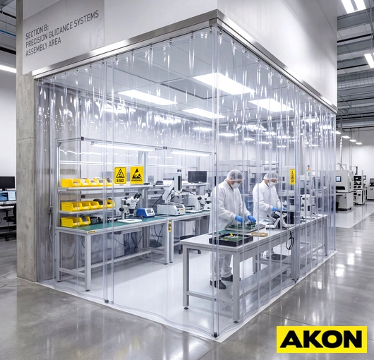 Antistatic ESD curtains installed in an industrial facility to protect sensitive electronics from static discharge.