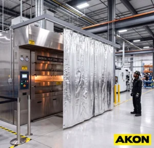 Heavy duty reflective heat shield curtains installed in an industrial facility to block radiant heat.