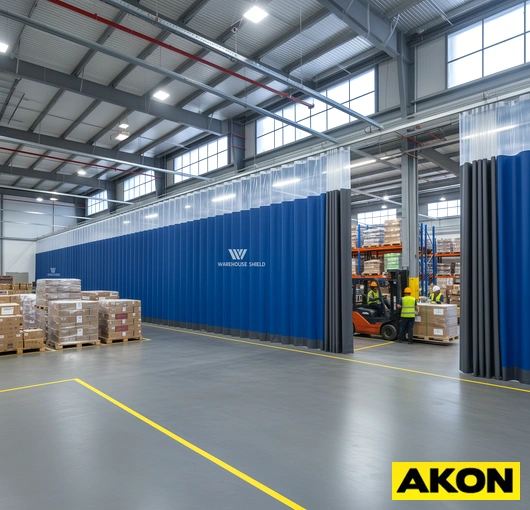 Heavy-duty commercial and industrial curtains installed in a large facility to divide or enclose work areas.