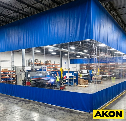 Heavy-duty industrial curtains installed in a large commercial or warehouse facility to divide workspace areas.