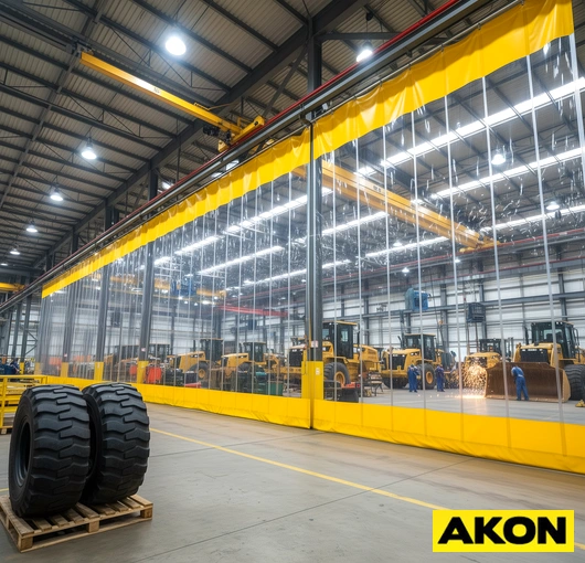Heavy-duty protective industrial curtains installed in a warehouse or manufacturing facility to divide work areas.