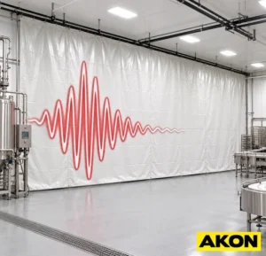 Industrial retractable sound reducing curtains installed in a facility to control noise between work areas.
