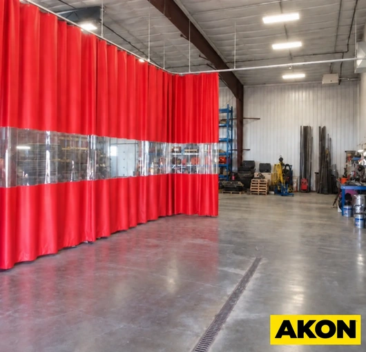 Red and clear PVC strip curtain hanging in an industrial warehouse doorway.