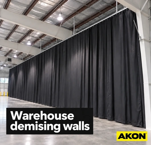 Fabric demising wall curtains dividing a large warehouse interior into separate work zones.