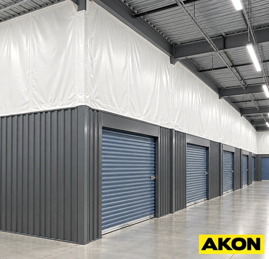 Industrial curtains installed along the open edge of a warehouse mezzanine level to enclose the space.