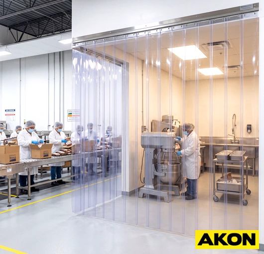 Industrial curtain barrier installed in a food production facility to prevent cross contamination between work zones.