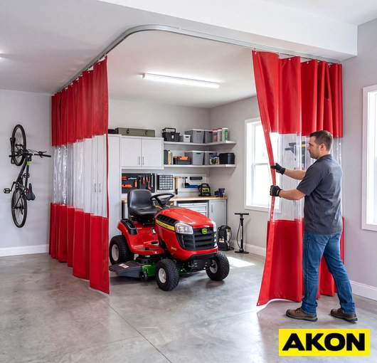 Heavy-duty partition curtains dividing a garage workspace into separate sections.
