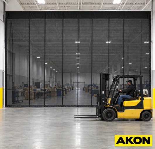 Industrial mesh curtains hanging in a warehouse or factory setting to divide or contain work areas.