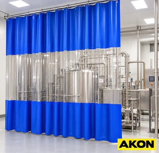 Industrial curtain enclosure used to contain water and debris during pressure washing operations in a commercial facility.