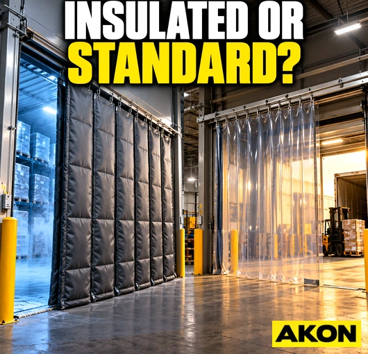 Side-by-side comparison of insulated and standard industrial curtains in a warehouse or factory setting.