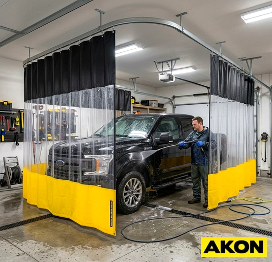 Industrial curtains installed in a garage wash bay to contain water, spray, and debris during vehicle washing.