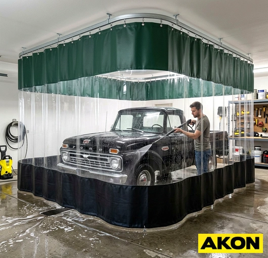 Heavy-duty vinyl curtains installed in a commercial garage wash bay to contain water and overspray.