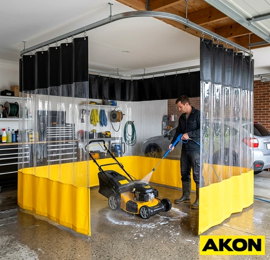 Heavy-duty vinyl curtains installed in a commercial garage wash bay to contain water spray and separate work areas.