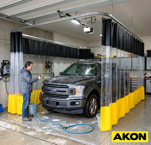Heavy-duty vinyl curtains installed in a commercial garage wash bay to contain water and spray during vehicle washing.