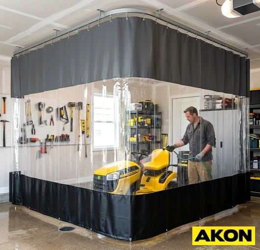 Heavy-duty vinyl curtains installed in a commercial garage wash bay to contain water spray and separate work areas.