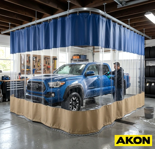 Heavy-duty vinyl curtains installed in a commercial garage wash bay to contain water and overspray.