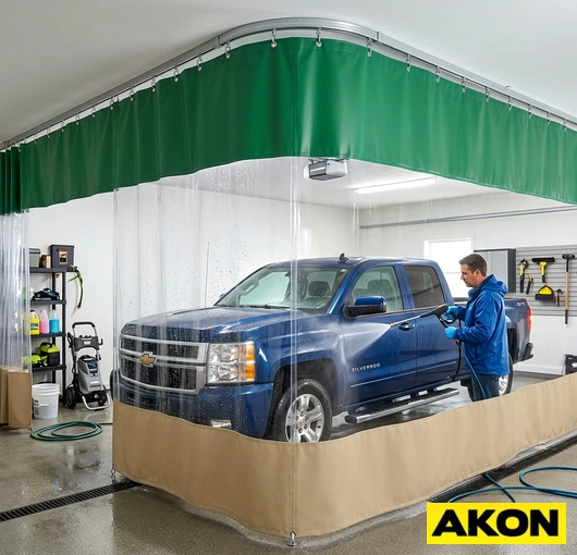 Heavy-duty vinyl curtains installed in a commercial garage wash bay to contain water spray and separate work areas.