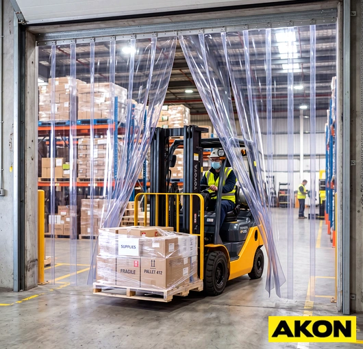 An industrial strip curtain hanging in a warehouse doorway, creating a flexible barrier between work areas.