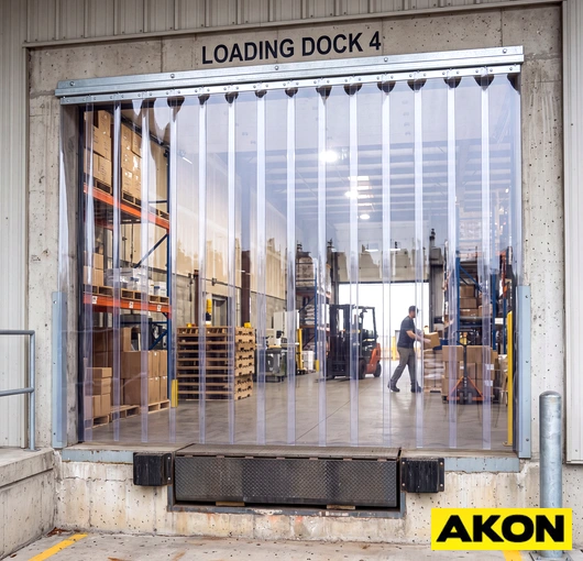 PVC strip curtains installed at a loading dock doorway to control temperature and block wind, dust, and pests.