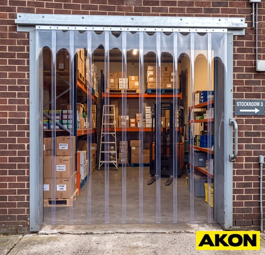 Plastic strip door curtains hanging in an industrial doorway, providing a flexible barrier between work areas.